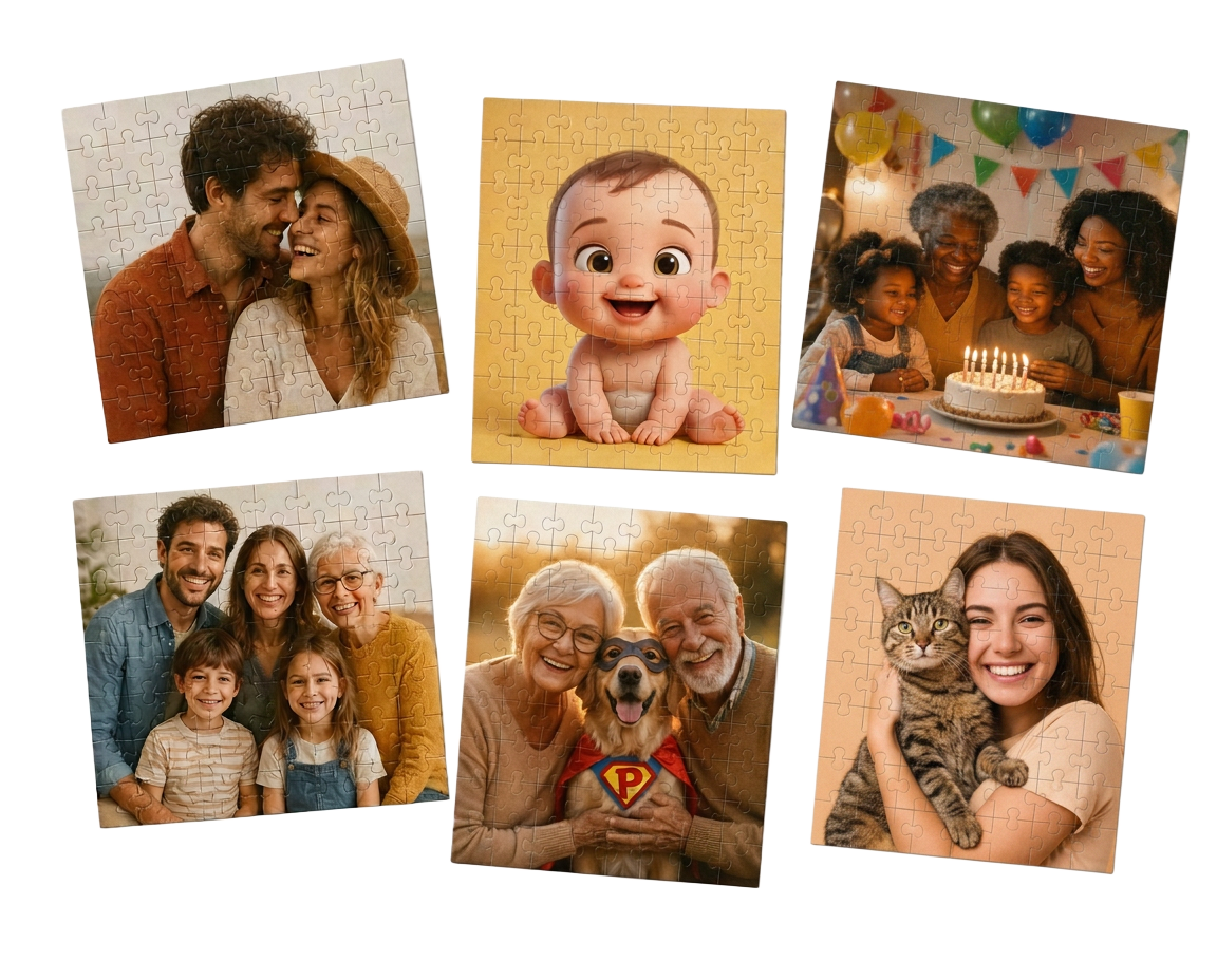 Six finished custom puzzles showing a couple, a cartoon baby, a family birthday party, three generations together, grandparents with their superhero dog, and a woman with her cat